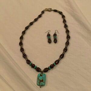 EUC turquoise, stone and silver necklace and earrings.